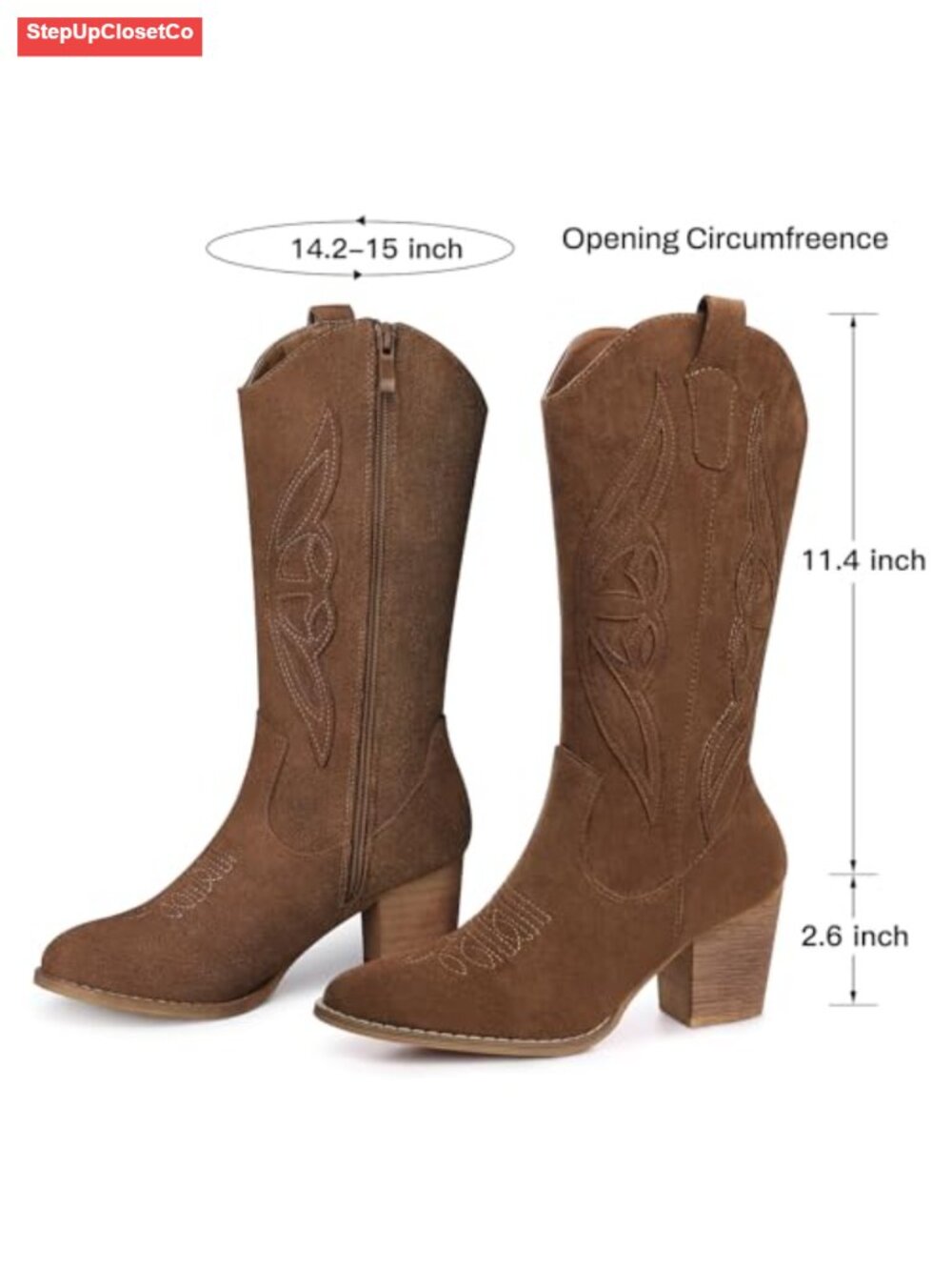 Suede Mid Calf Cowboy Boots Pointed Toe Chunky Heel Western Embroidered - Picture 2 of 6